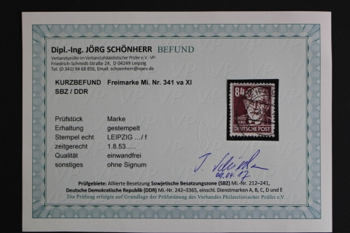 DDR, MiNr. 341 v a X I, gestempelt, VP Fotobefund