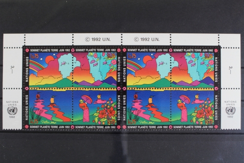 UNO Genf, MiNr. 215-216, Bogenteil, zwei 4er Blöcke, postfrisch