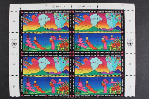 UNO Genf, MiNr. 215-218, Bogenteil, vier 4er Blöcke, postfrisch