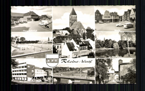 Rheine / Westf., 8 Ansichten u. a. Blick auf St. Dionys, Bahnhof, Wappen