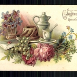 Glückwunsch zum Geburtstag, Kaffeegedeck, Kuchen, Brief, Prägekarte