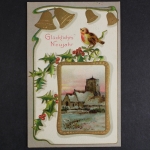 Glückliches Neujahr, Glocken, Vogel, verschneite Häuser, Prägekarte