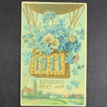 Glückliches Neujahr 1911, Ballon mit Blumen, Prägekarte