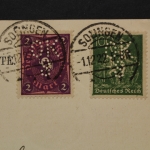 Deutsches Reich, MiNr. 187 + 191 mit Firmenlochung OKS auf Postkarte