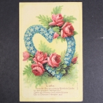 Liebesgruß, Herz aus Blumen, Rosen, Vers, Prägekarte