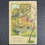 Fröhliche Ostern, blühender Baum, Haus an der Bahnlinie, Prägekarte