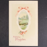 Fröhliche Pfingsten, Landschaftsbild in ovalen Rahmen, Prägekarte