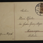 Fröhliche Pfingsten, Landschaftsbild in ovalen Rahmen, Prägekarte