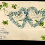 Glückwunsch zum Geburtstag, 2 Blumenherzen u. weiße Tauben, Prägekarte