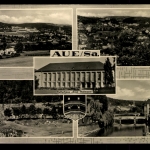 Aue/Sa., Teilansicht, Kulturhaus, Blick zum Bad, Muldenbrücke, Wappen