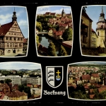 Backnang/Württ., Rathaus, Kirche, Murrpartie, Stadtturm, Wappen