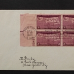 USA, MiNr. 454, Viererblock, linker Rand Plattennummer, FDC