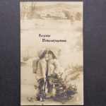 Herliche Weihnachtsgrüsse, Winterlandschaft, zwei Kinder mit Geschenken