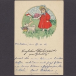 Mädchen mit Rosenstrauß u. Hund mit Blumenkorb, Geburtstagsglückwünsche