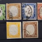 Sardinien, MiNr. 10-12, 14-15 gestempelt, Nr. 13 ungebraucht