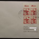 Berlin, MiNr. 587, Viererblock, Ecke rechts oben auf Brief