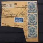 Deutschland (BRD), MiNr. 134, senkrechter Dreierstreifen, Briefstück
