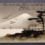 Japan, Vulkan, dekorative Karte 1907 nach Hannover gelaufen