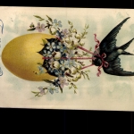 Fröhliche Ostern, Vogel mit Osterstrauß und Ei