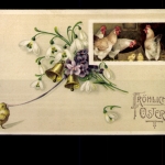 Fröhliche Ostern, 3 Hennen mit Küken