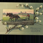 Bauer beim Umpflügen im Frühjahr, fröhliche Ostern