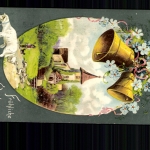 Kirche und Schäfer mit Herde, fröhliche Ostern
