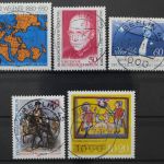 Berlin, MiNr. 616, 624, 627, 628 + 633 zentrisch Berlin 45, gestempelt