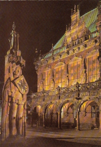 Bremen, Roland und Rathaus bei Nacht ngl F8389