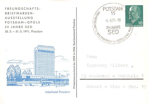 Potsdam-Opole Ganzsache Briefmarkenausstellung Motiv Interhotel gl1971 302.414
