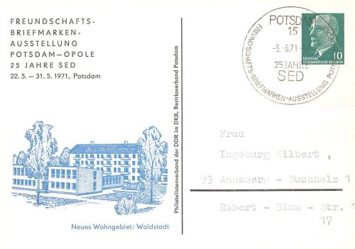 Potsdam-Opole Ganzsache Briefmarkenausstellung Motiv Waldstadt gl1971 302.415