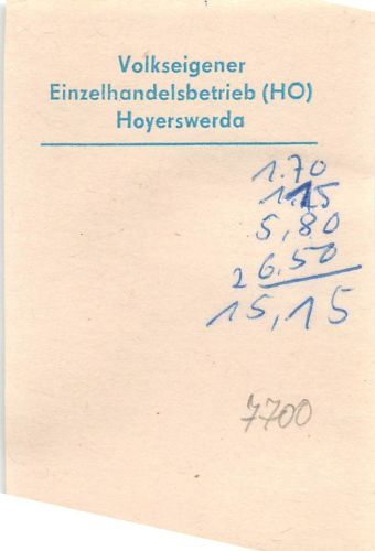 Hoyerswerda Volkkseigner Einzelhandelsbetrieb Kassenbeleg ngl 302.756