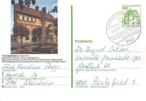Steinheim a.d. Murr Ganzsache Bund P 134 gl1981 303.369