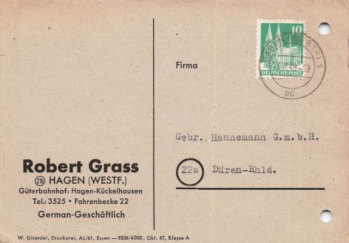 Hagen i. W. Robert Grass Geschäftspostkarte Registerlochung gl1948 304.824