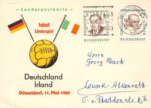 Düsseldorf Sonderpostkarte Fussball Länderspiel Deutschland-Irland 1960 gl1960 305.202
