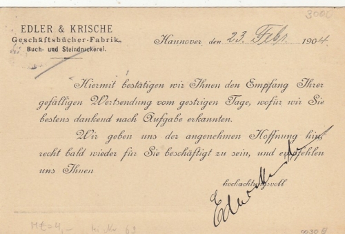 Hannover, Edler & Krische, Empfangsbestätigung gl1904 G2763