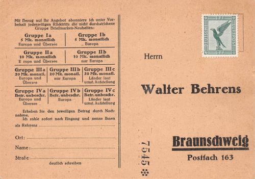 Braunschweig Walter Behrens Briefmarken-Versand Bestellkarte ngl 305.975