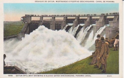 Panama Kanalzone Gatun Spillway showing 4 Sluice Gates discharching ngl 220.179