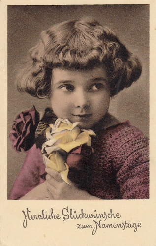 Namenstag-Gruß mit Mädchen mit Rosen ngl E0819