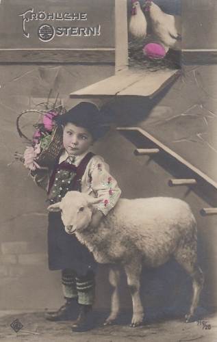 Ostern-Wünsche Hühner mit Ei, Bube mit Schäfchen gl1908 E1628