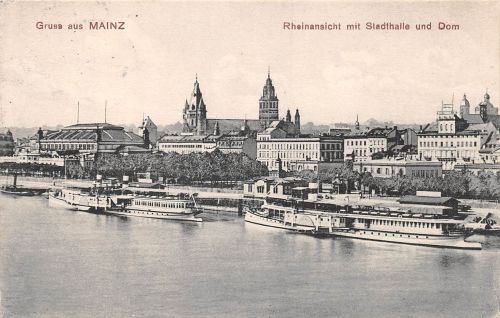 Mainz Rheinansicht m. Stadthalle und Dom gl1909 186.654