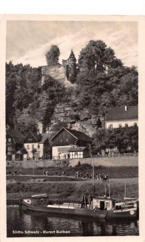 Rathen (Sächsische Schweiz) von der Elbe gesehen gl1952 191.084