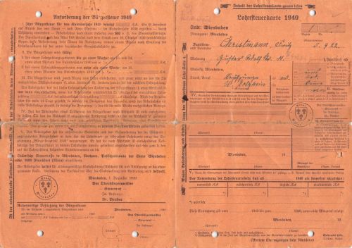Wiesbaden Lohnsteuerkarte 1940 ngl 192.052