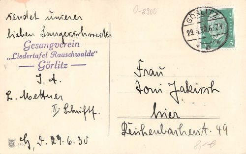Görlitz Stempel Gesangsverein "Liedertafel Rauschwalde" Görlitz gl1930 192.961