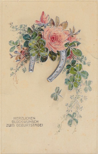 Geburtstag-Wünsche mit Rose, Hufeisen und Glücksklee ngl E6220