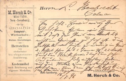 Neu-Isenburg Postkarte von Möbelfabrik M. Horch & Co. gl1896 196.631