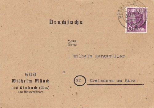 Einbach (Odw.) Postkarte der Firma W. Münch Briefmarkenhändler gl1947 196.636