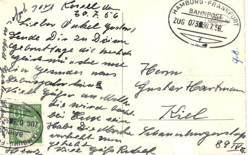 Bahnpoststempel ZUG 073 Hamburg-Frankfurt gl30.7.56 196.639