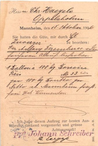 Mannheim Postkarte von Firma Johann Schreiber gl1906 196.682
