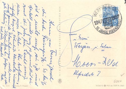Wernigerode (Harz) Stempel 10 Jahre FDGB Feriendienst gl17.9.57 196.697