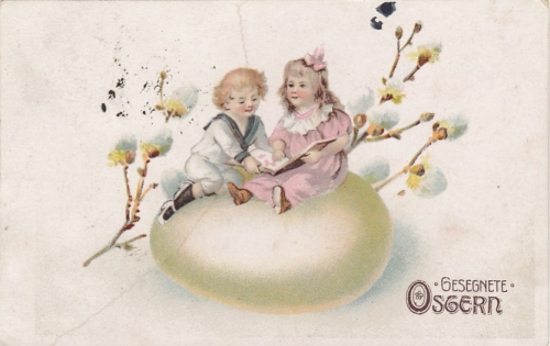 Ostern-Wünsche mit Kindern auf Osterei glum 1910? E8210